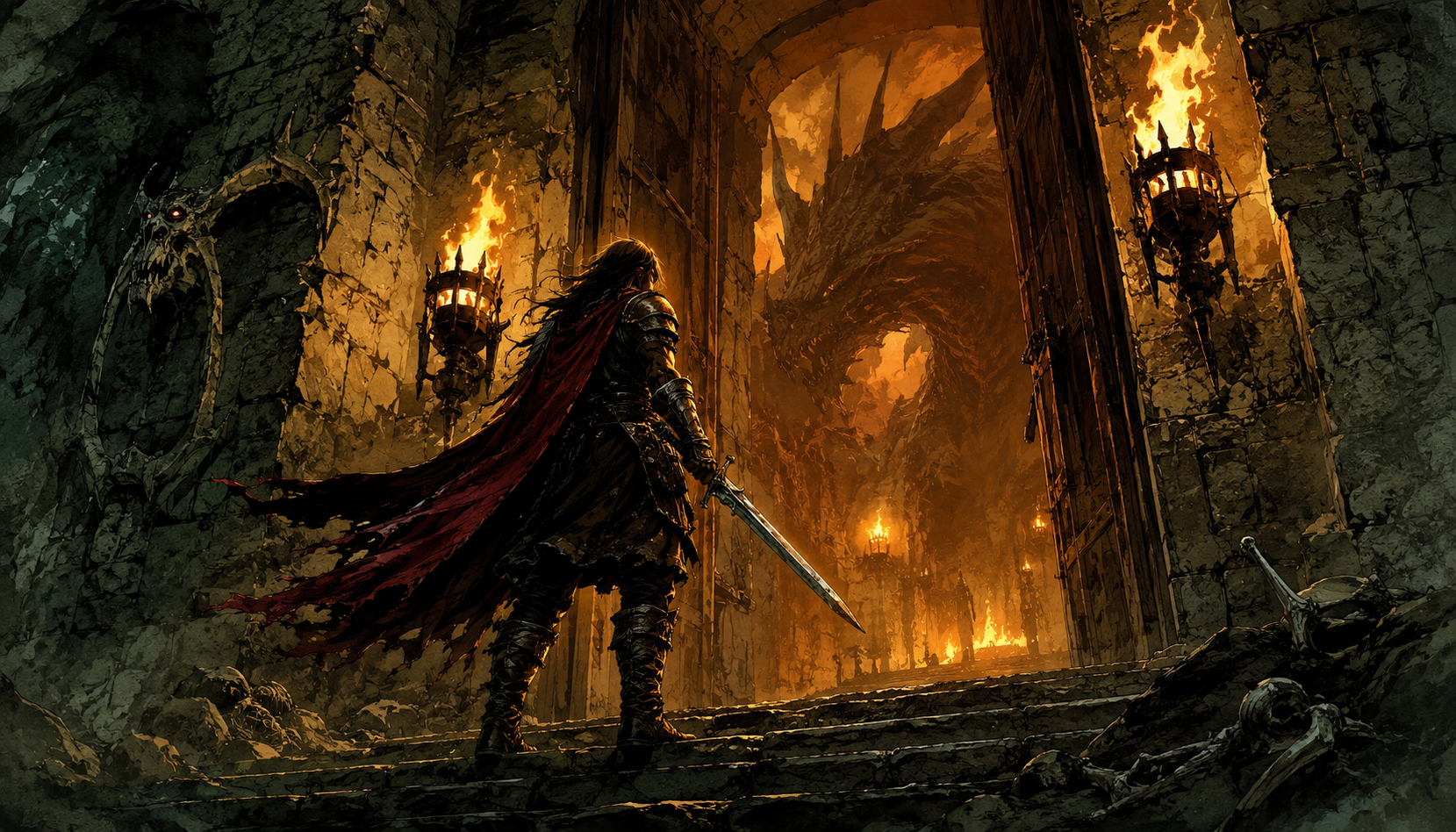 A lone warrior faces a dragon deep within Firetop Mountain